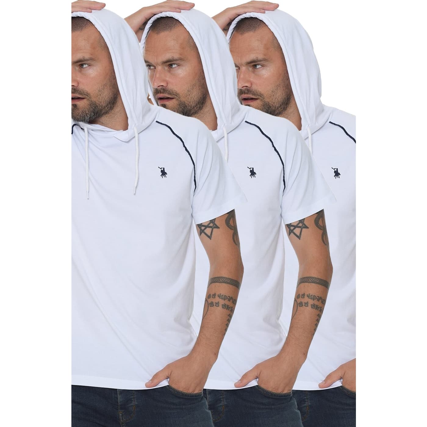 TRIPLE SET T8570 DEWBERRY HOODED MEN's T-SHIRT-WHITE-WHITE-WHITE
