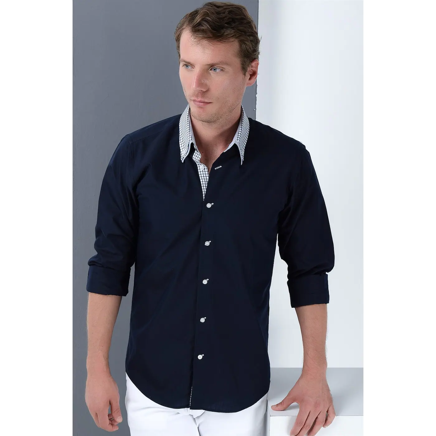 G692 DEWBERRY MEN's SHIRT-LACİVERT-WHITE