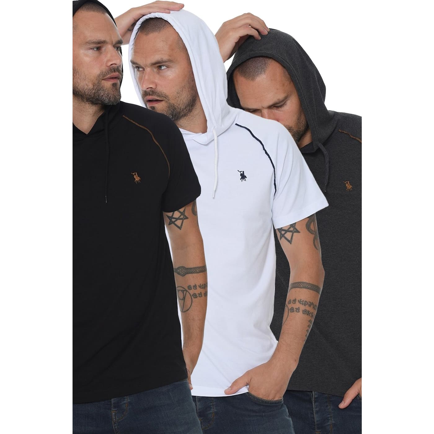 TRIPLE SET T8570 DEWBERRY HOODED MEN's T-SHIRT-BLACK-WHITE-ANTHRACITE