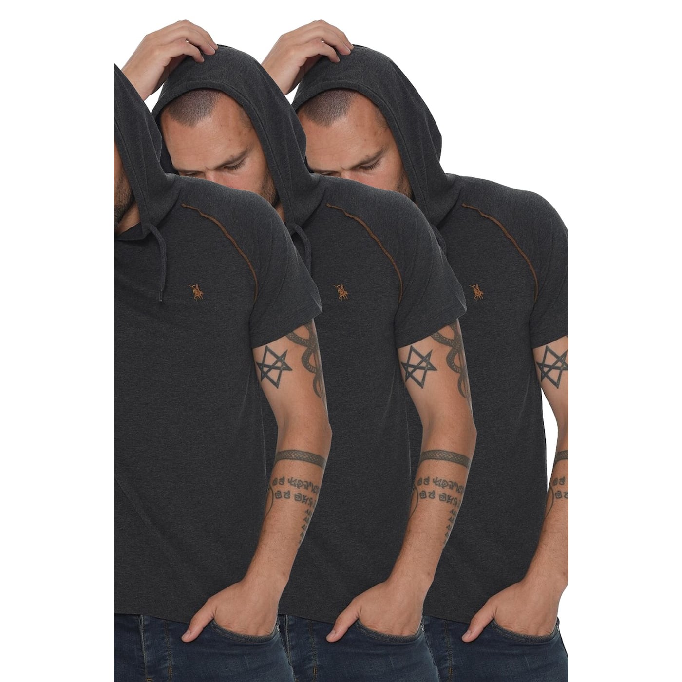 TRIPLE SET T8570 DEWBERRY HOODED MEN's T-SHIRT-ANTHRACITE-ANTHRACITE-ANTHRACITIST-ANTHRACITE