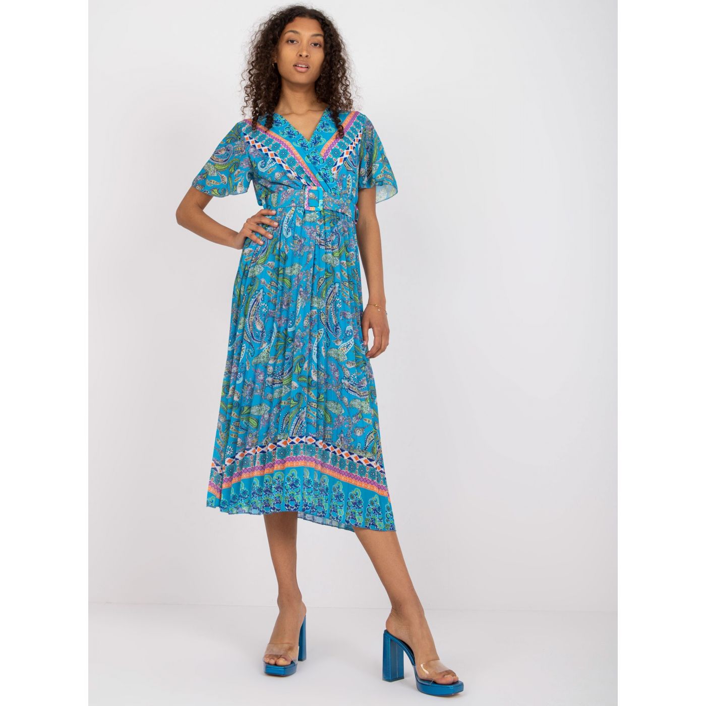 Blue midi paisley dress with swaddling neckline