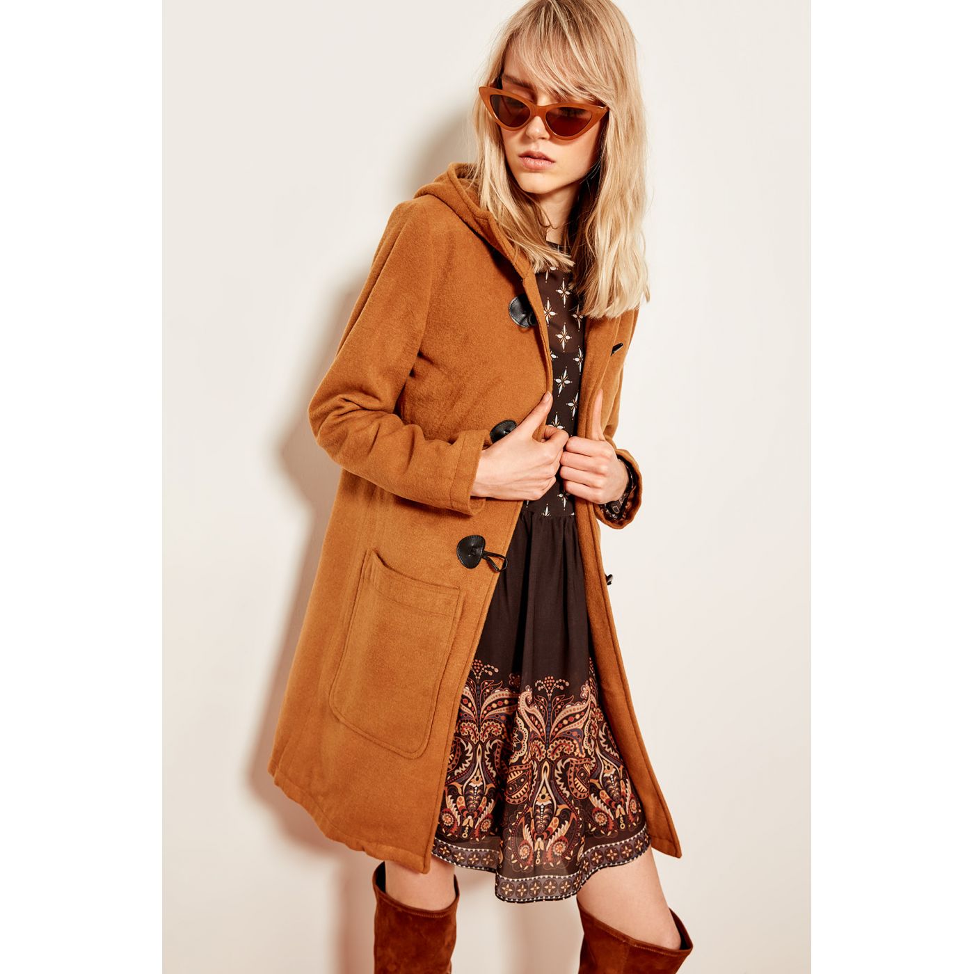 Trendyol Camel Hooded Button Detailed Jacket