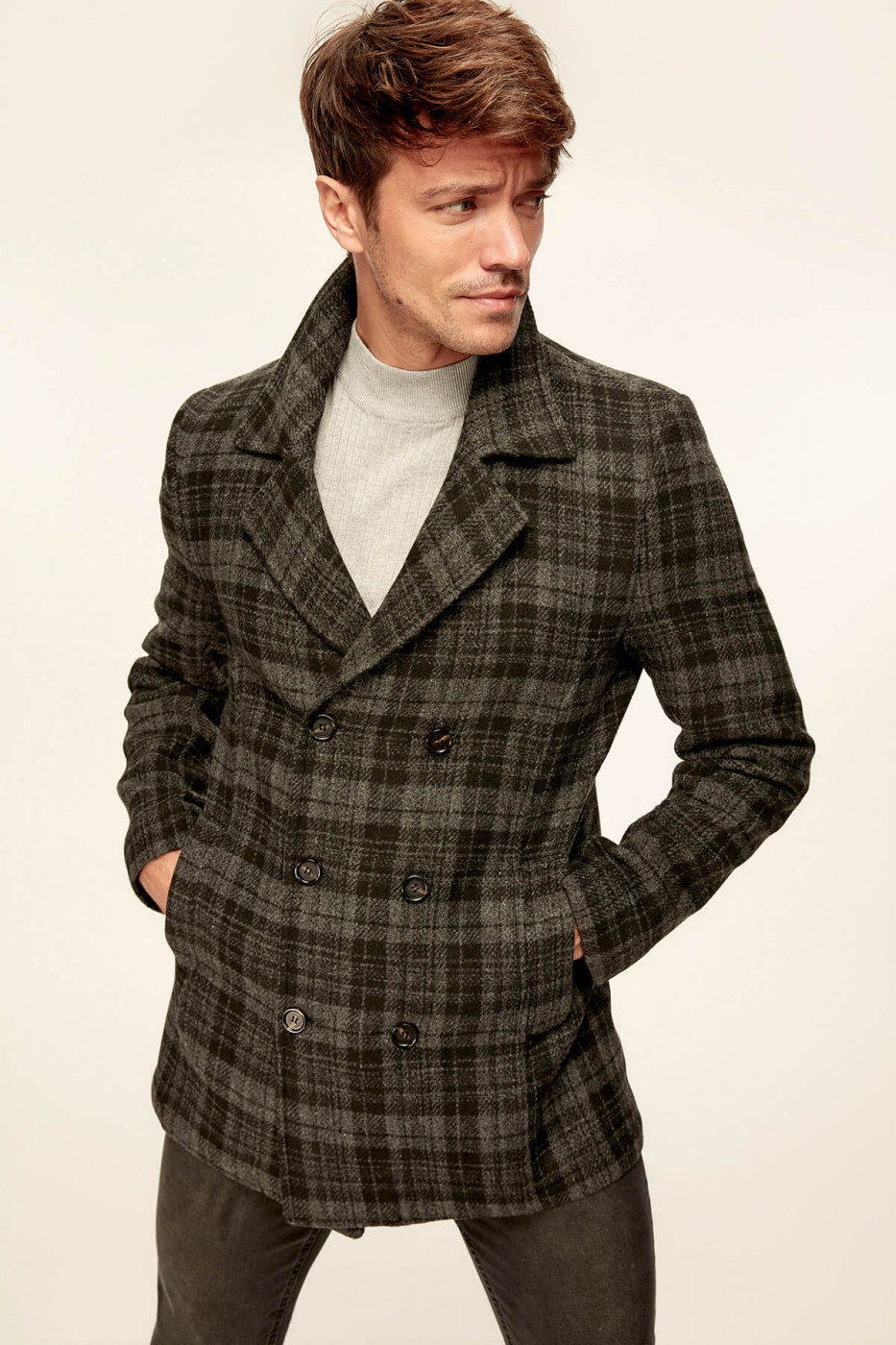 Trendyol Anthracite Mens Jacket-Plaid Double Breasted