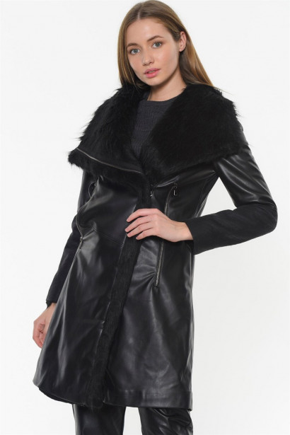Z6614 DEWBERRY WOMEN FURRY LEATHER COAT-BLACK