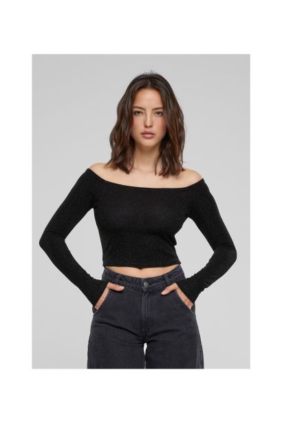 Women's Off Shoulder Glitter Long Sleeve Black