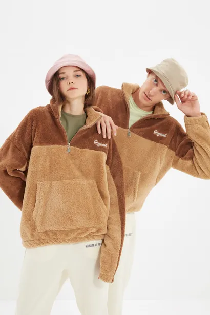 Trendyol Camel Unisex Oversize/Wide Cut Color Block Warm Plush Sweatshirt