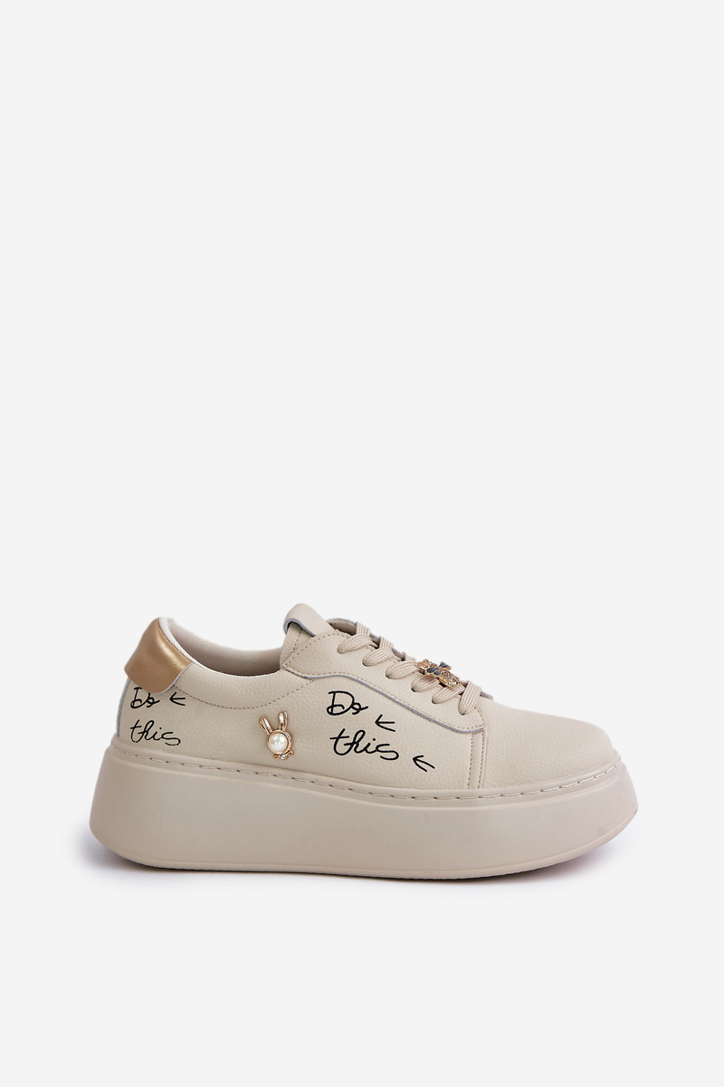 Women's Leather Platform Sneakers With Badges And Vinceza Beige Inscription