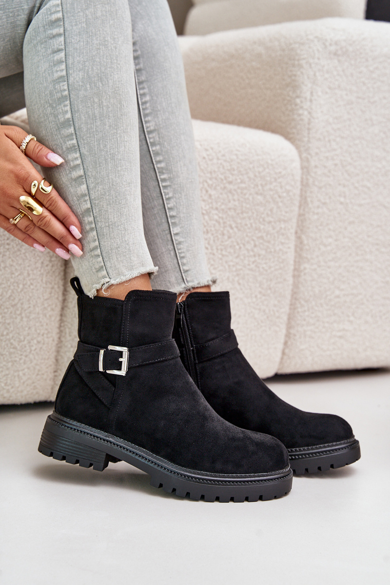 Insulated ankle boots eco suede with zip with buckle black zinovelle