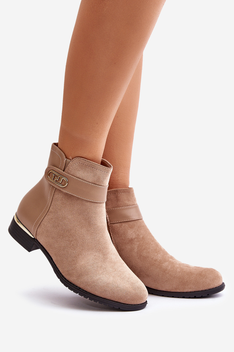 Insulated women's ankle boots on a flat heel with gold details beige Ravasira