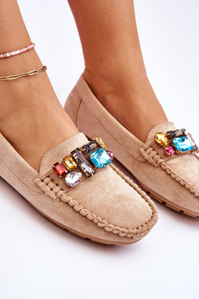 Women&#039;s suede moccasins with crystals Beige Lucille