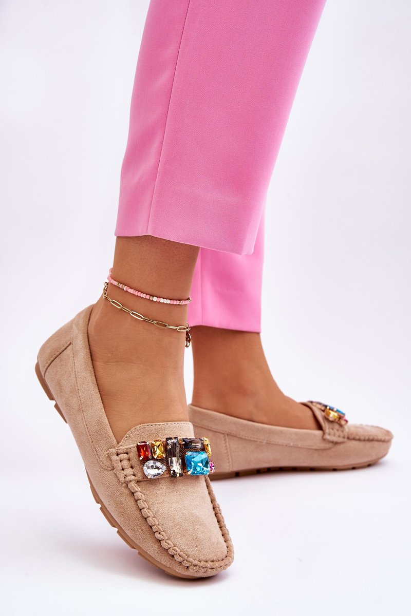 Women&#039;s suede moccasins with crystals Beige Lucille