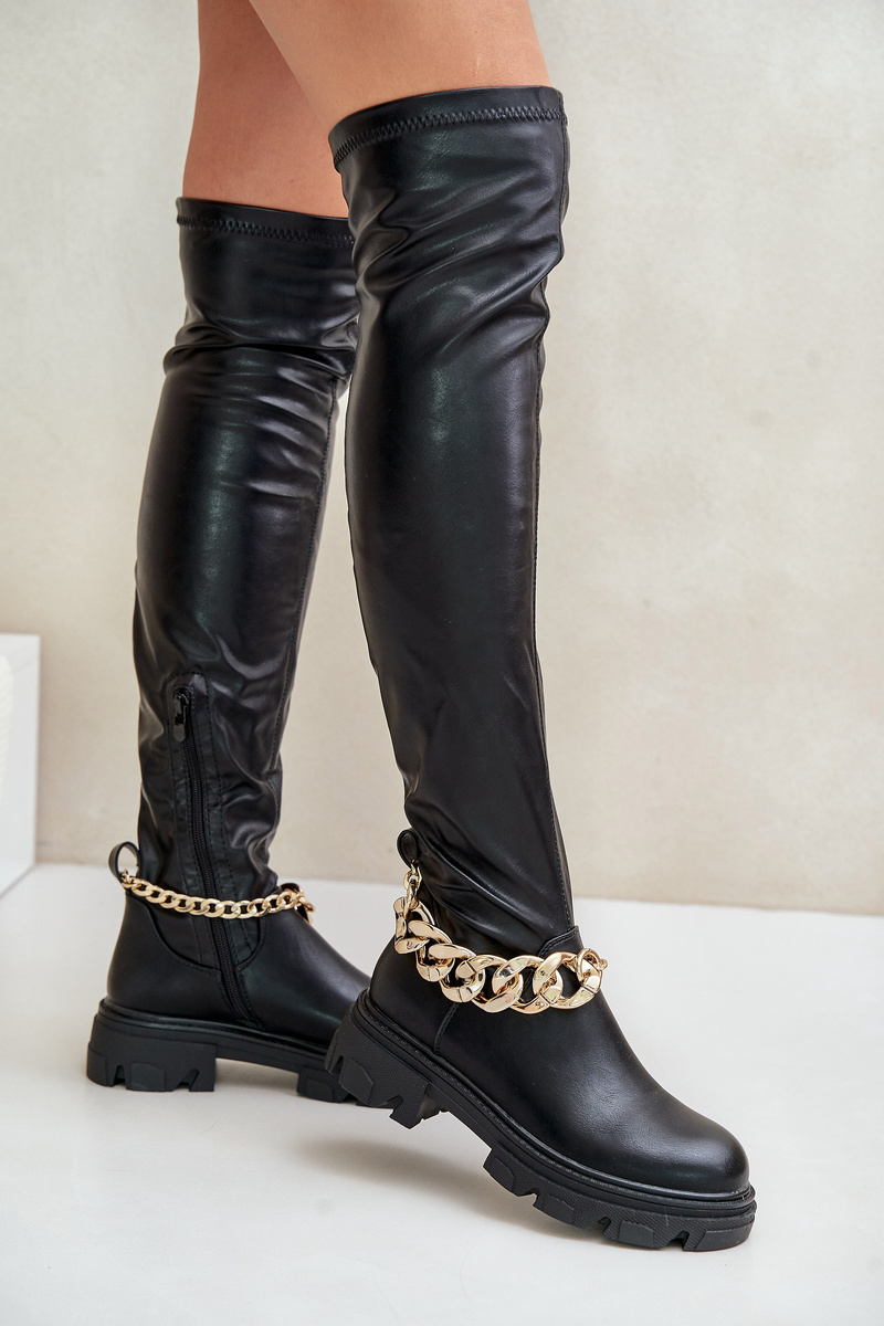 Marka Niezdefiniowana Knee High Boots On Flat Heel With Chain Pemeriana