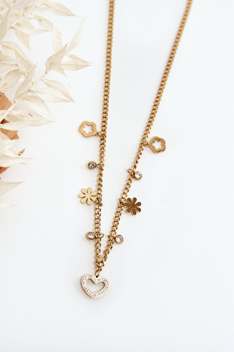 Glam Chic Fashionable Chain With Flowers And Heart Gold