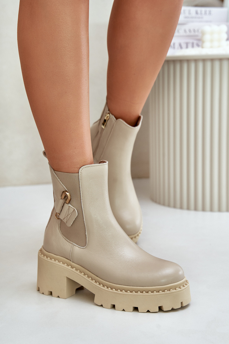 Zazoo Leather Insulated Ankle Boots With Light Beige Decoration