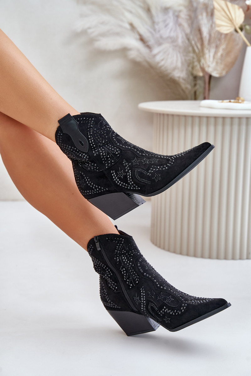 Decorated Ankle Cowboy Boots Heeled Black Kaivina