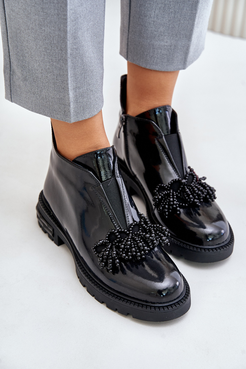 Leather patent leather ankle boots with decoration insulated D&amp;A black