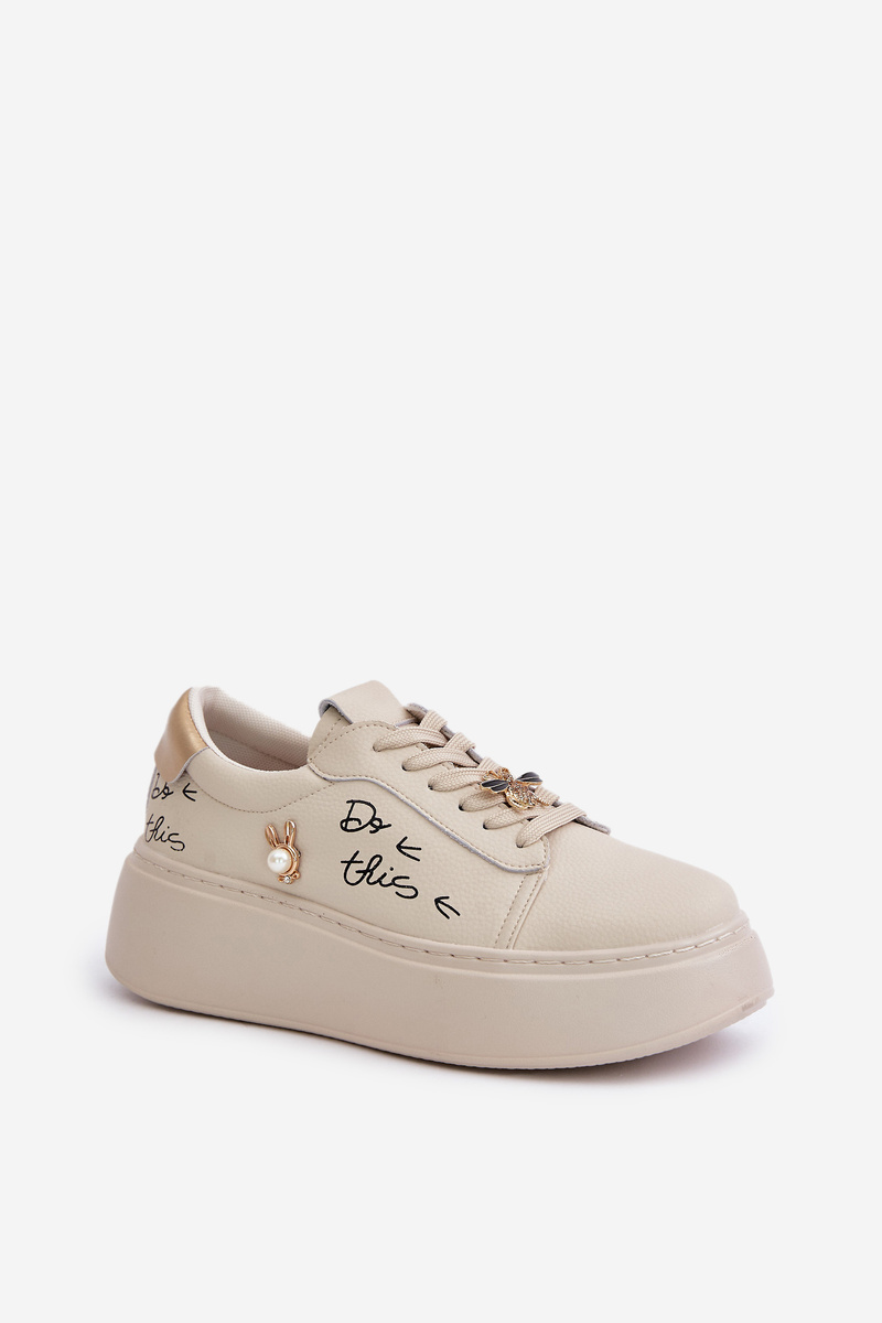 Women's Leather Platform Sneakers With Badges And Vinceza Beige Inscription