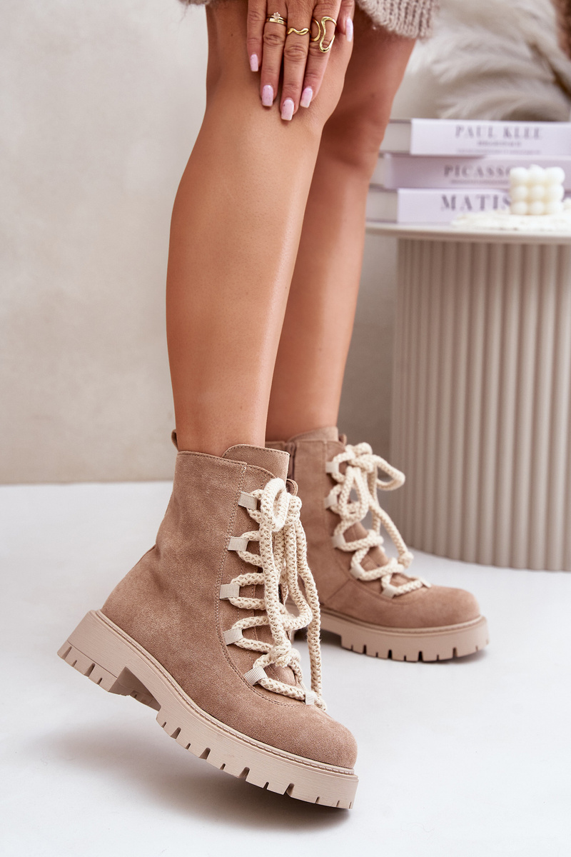 Insulated ankle boots made of eco suede with a zip beige Caellita