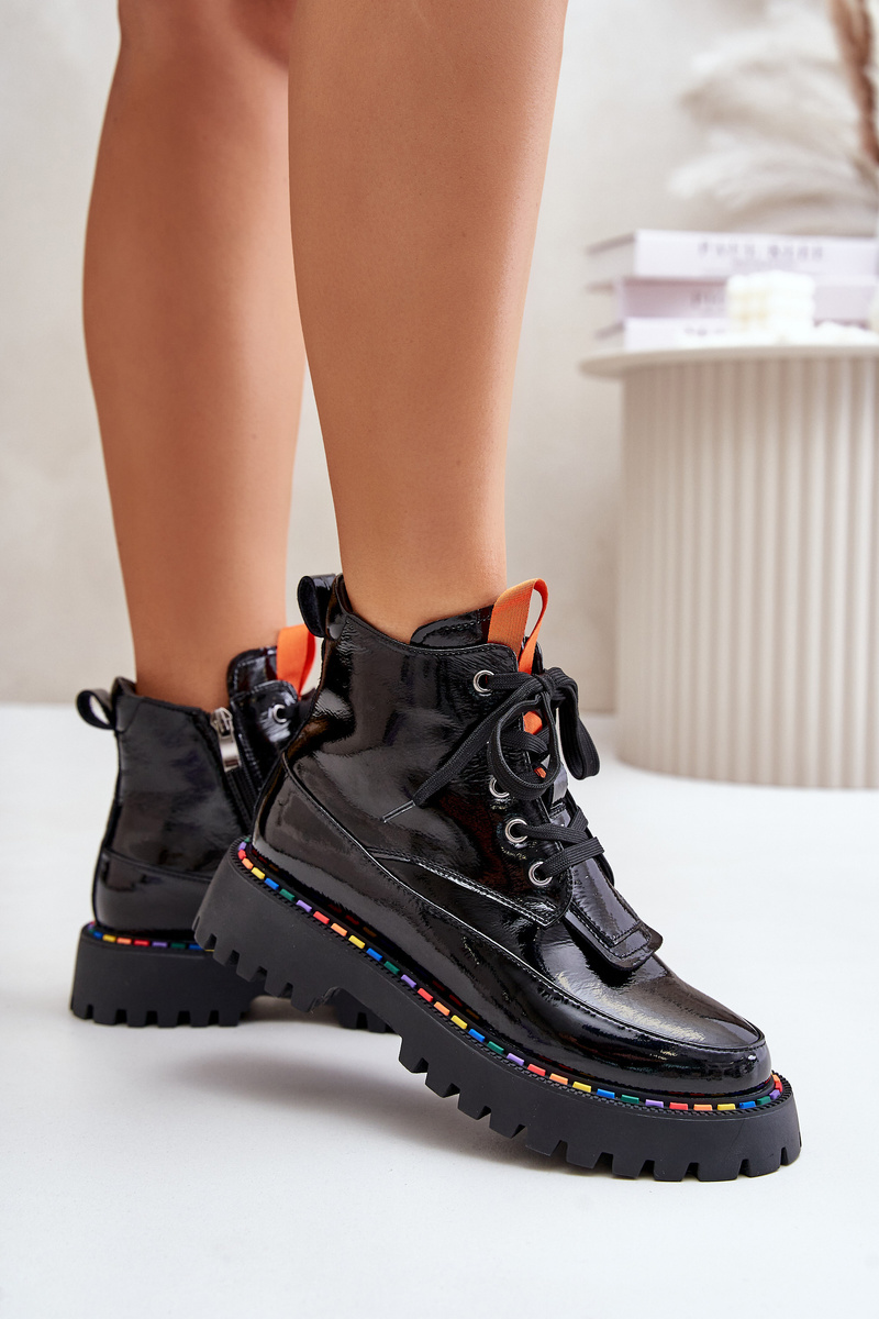 Leather patent leather ankle boots Workers with zip black Anafra