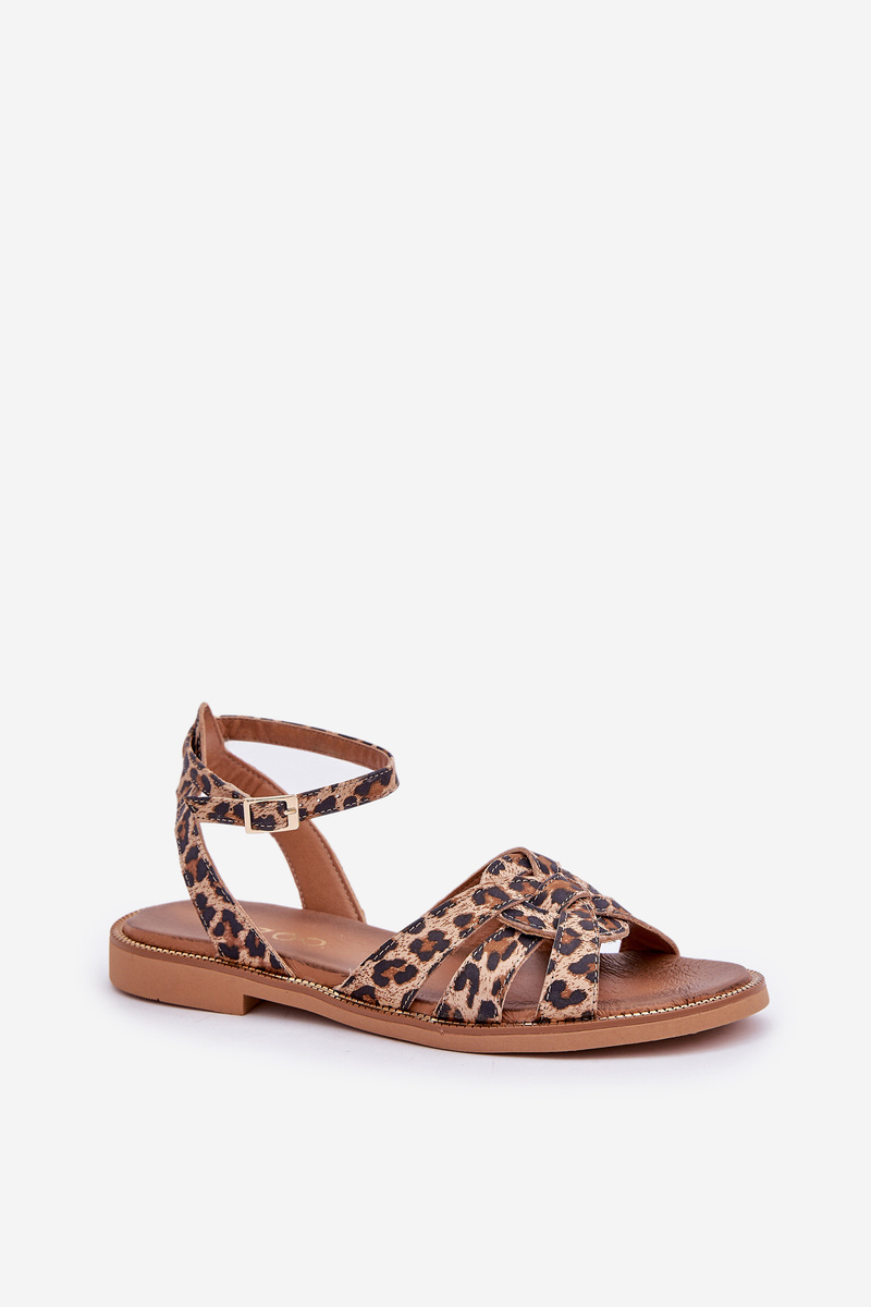 Lewski Shoes Kožené Dámske Sandále Na Plochéj Pätke Leopardí Zazoo 3688 Hnedé