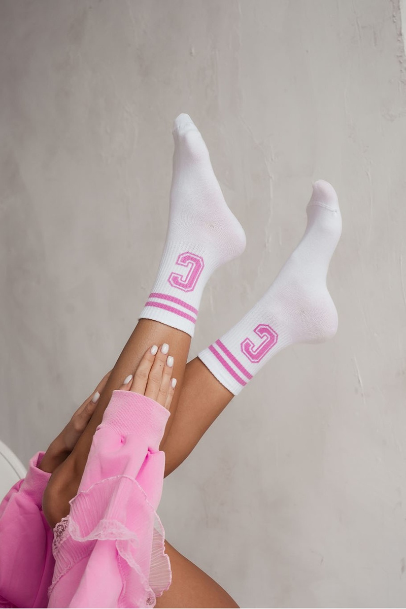 Milena Women's Socks With Stripes And Letter C White-Pink