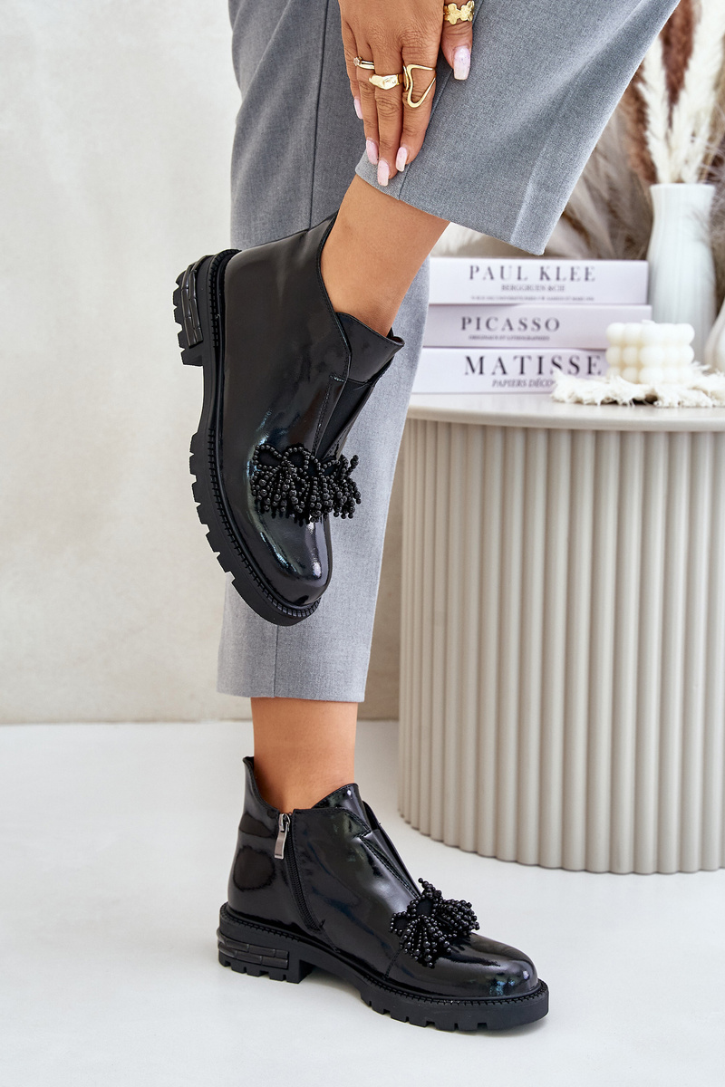 Leather patent leather ankle boots with decoration insulated D&amp;A black