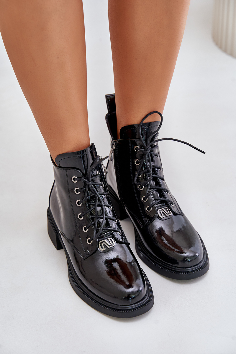 Black lacquered leather ankle boots with Bellani lining