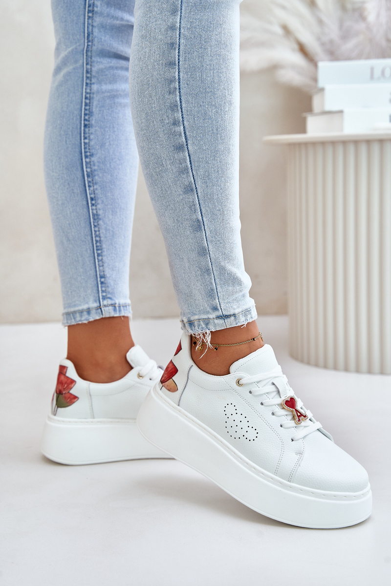 Women's Leather Platform Sneakers With Brooch And Decorative Flower White
