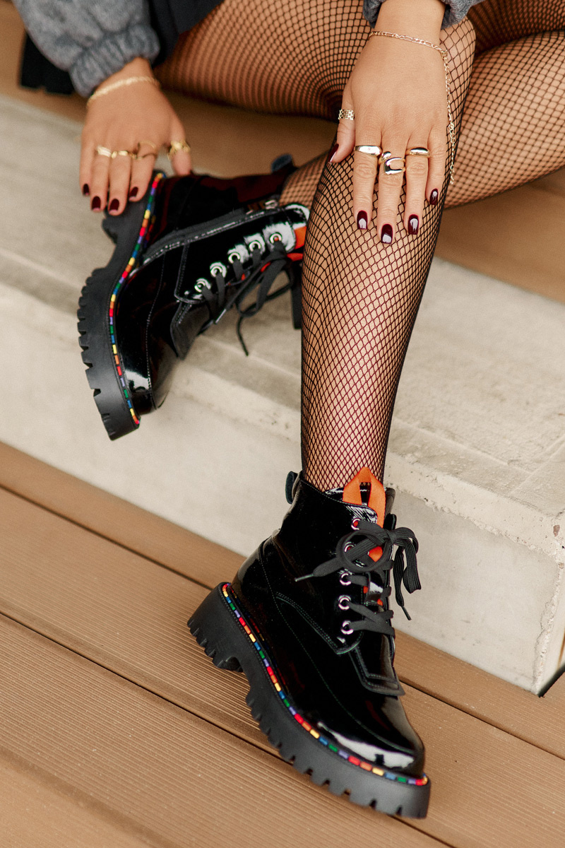 Leather patent leather ankle boots Workers with zip black Anafra