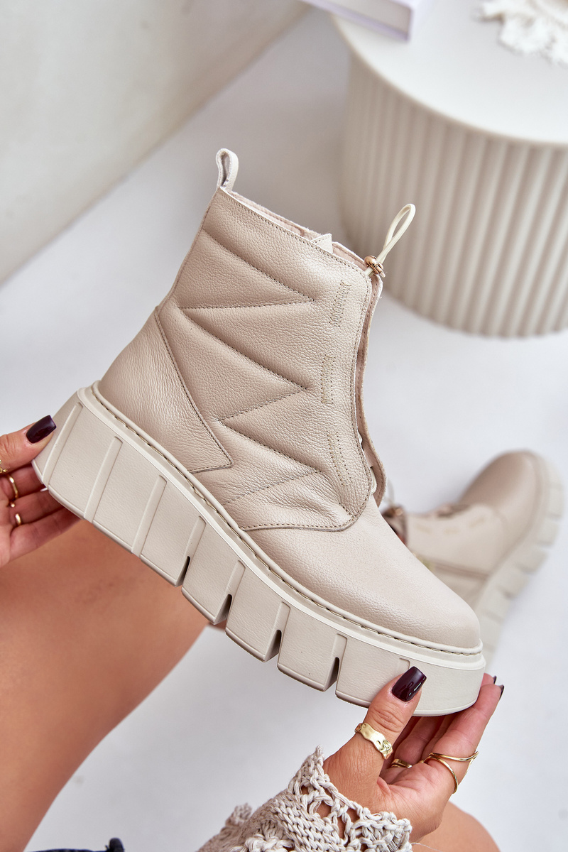 Zazoo Leather Ankle Boots On Platform And Wedge Beige