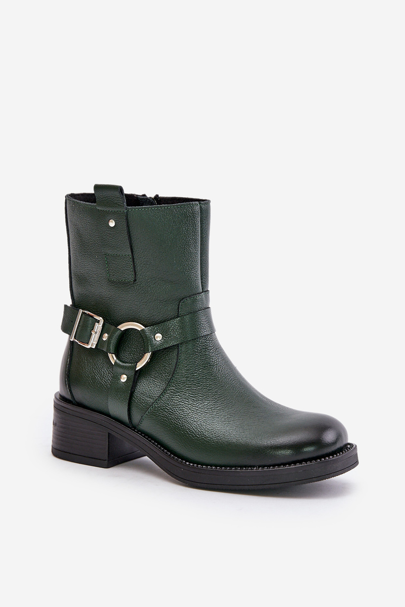 Zazoo Leather ankle boots on a low heel insulated dark green