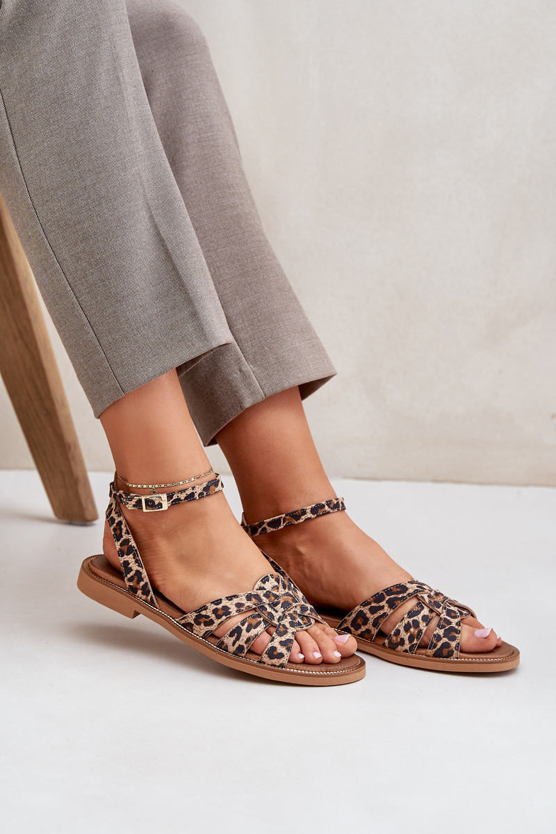 Lewski Shoes Kožené Dámske Sandále Na Plochéj Pätke Leopardí Zazoo 3688 Hnedé