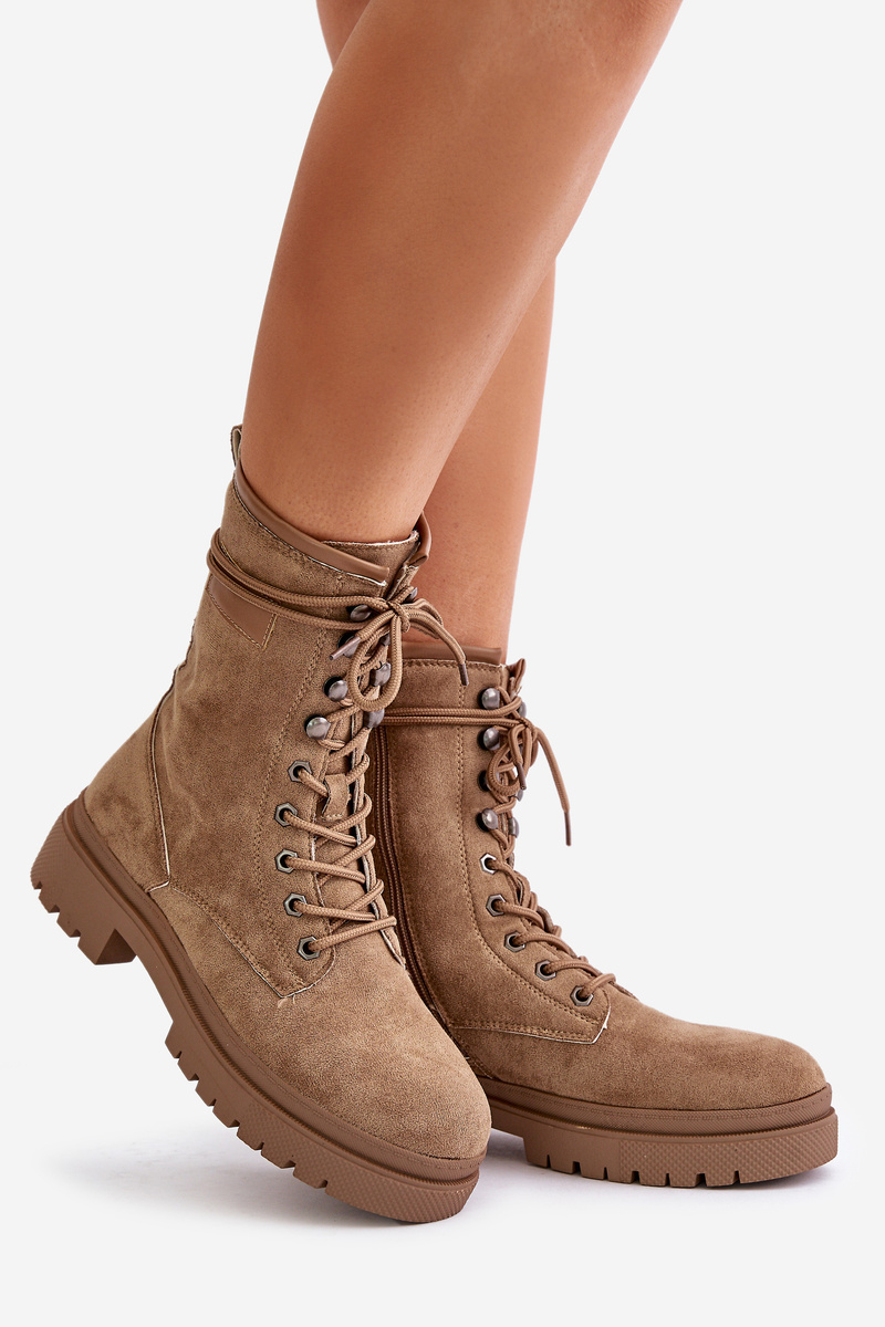 Women's Workers Ankle Boots With Zip Made Of Eco Suede Dark Beige Savalann