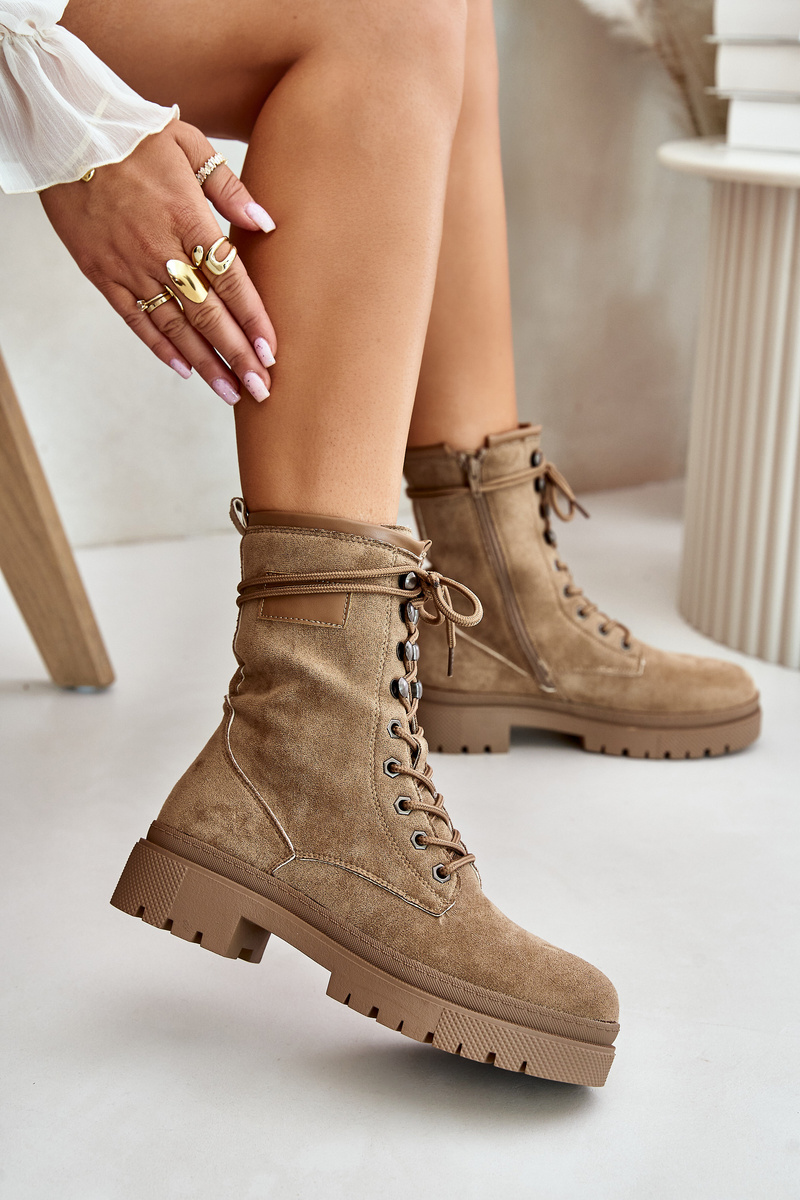 Women's Workers Ankle Boots With Zip Made Of Eco Suede Dark Beige Savalann