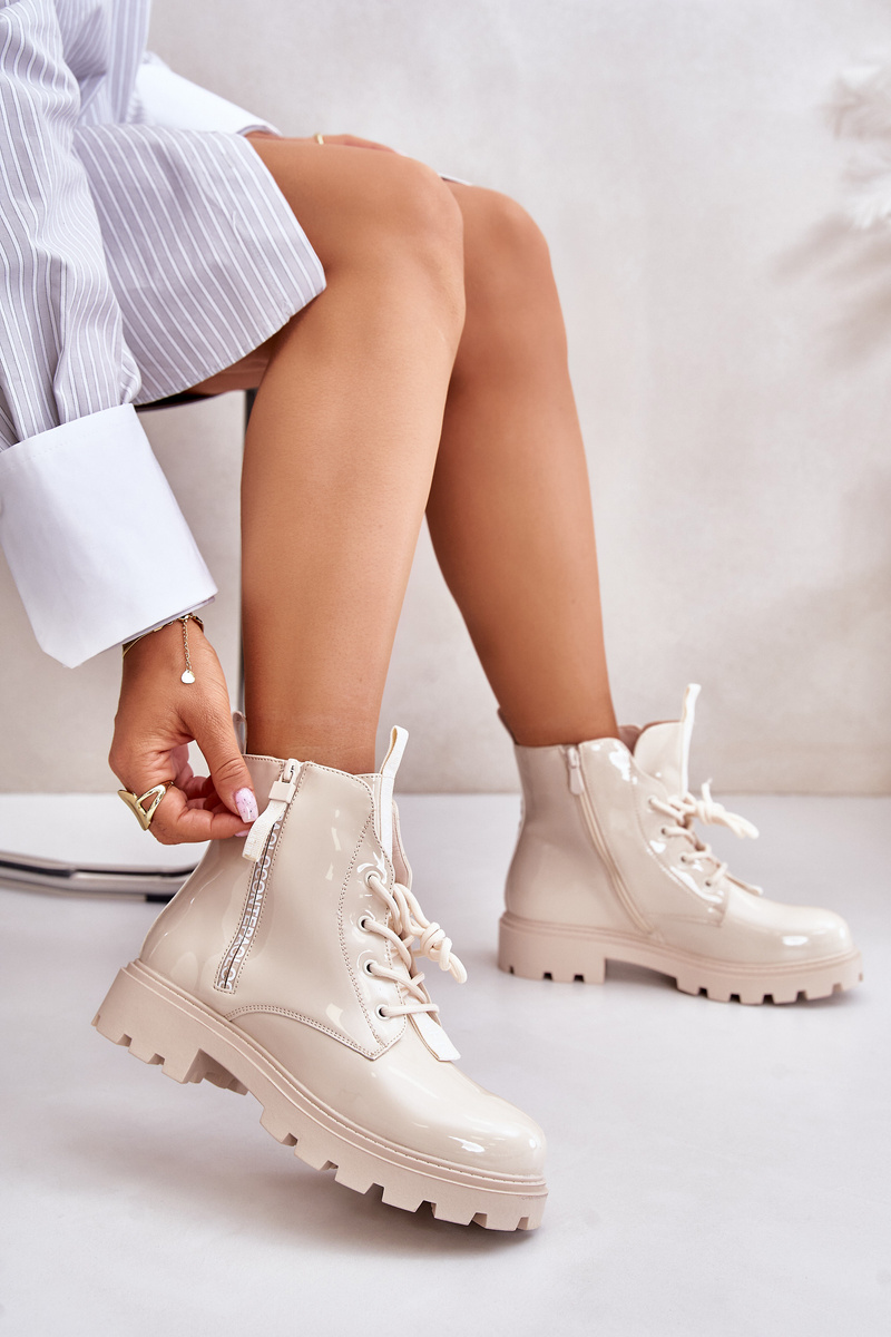 Patent Leather Ankle Boots Worker Women's Insulated with Beige Zinfreya Inscriptions