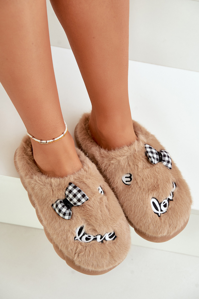 FK1 Womens Fur Slippers With Patches And Bow Brown Linnorelia