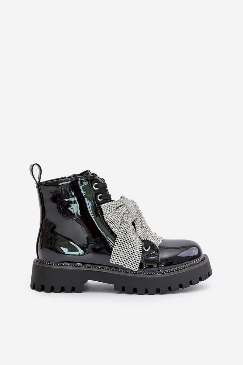 Patent leather women&#039;s ankle boots with bow black Ocenttia