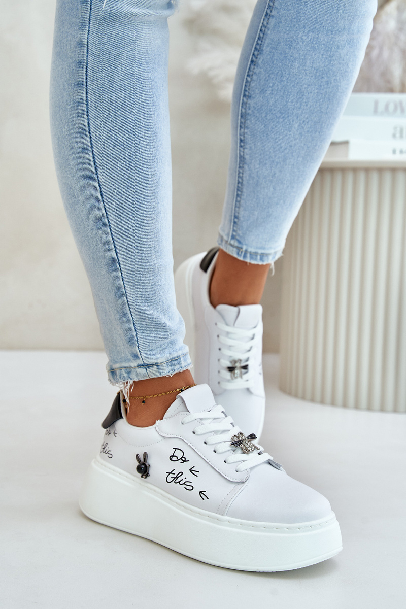 Women's Leather Platform Sneakers With Badges And Vinceza Inscription White
