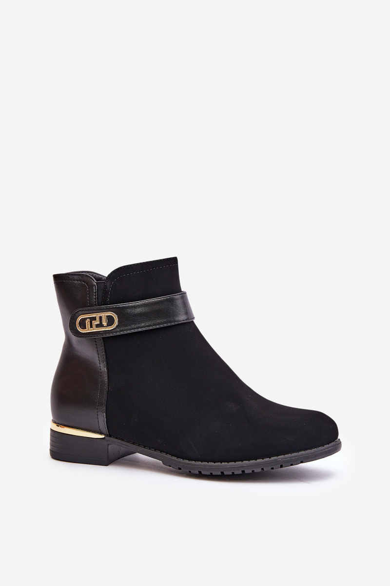 Insulated women's ankle boots with a flat heel with gold details Black Ravasira