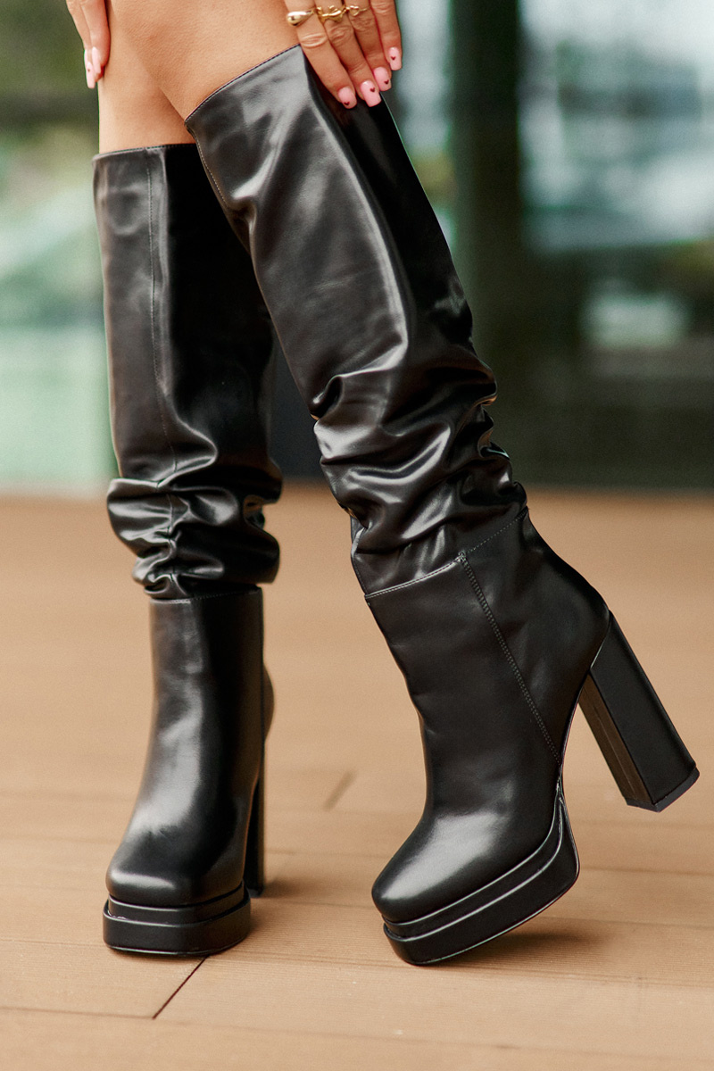 Slip-on boots with heel and platform with ruching insulated black Beridra