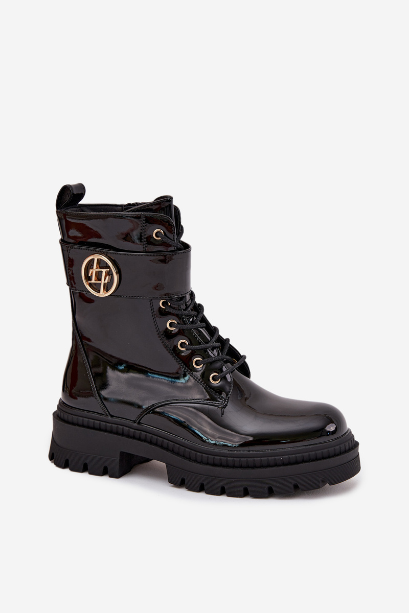 Boto Lakovane pracovné čižmy dámske so zlatým detailom zateplené čierne Fiorena
