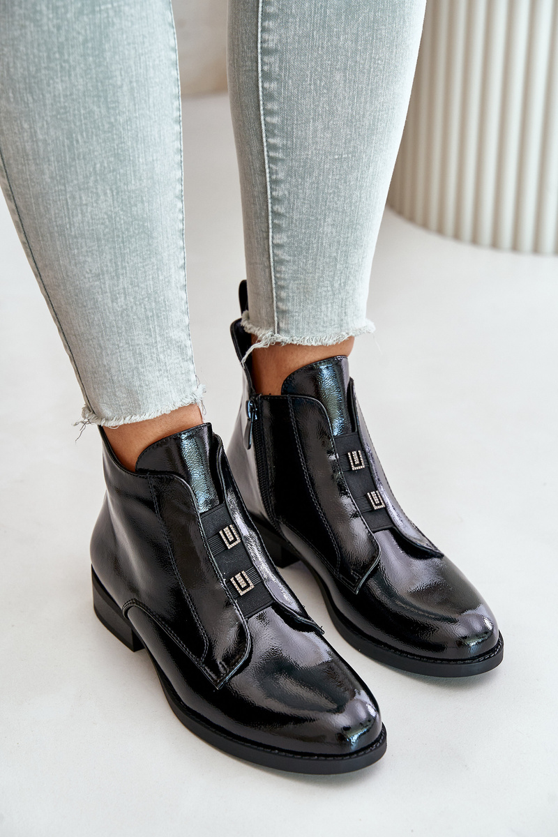 Patent leather ankle boots with zipper insulated flat heel S.Barski black