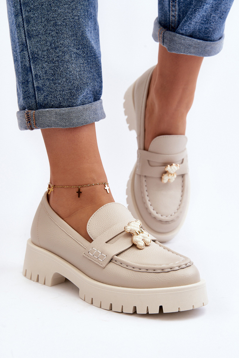 Leather Moccasins With Bear CheBello 4291 Light Beige