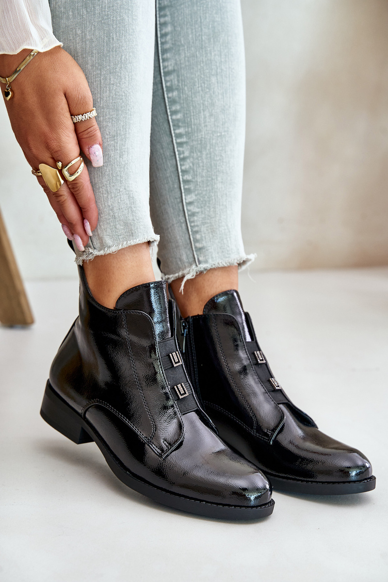 Patent leather ankle boots with zipper insulated flat heel S.Barski black
