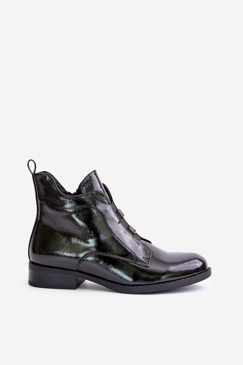 Patent leather ankle boots with zipper insulated flat heel S.Barski black