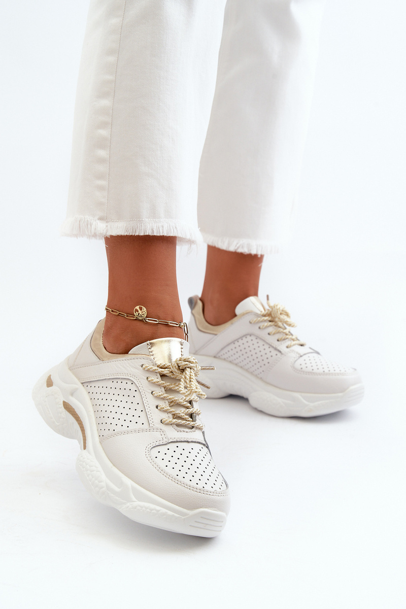 PE1 Women's Leather Sneakers With Chunky White-Gold Sole Dzumati