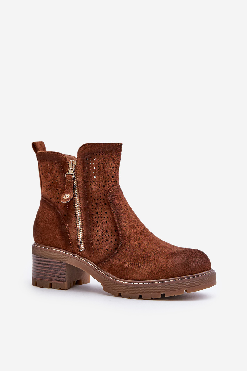 Women's ankle boots with lace pattern on heel brown Oviria