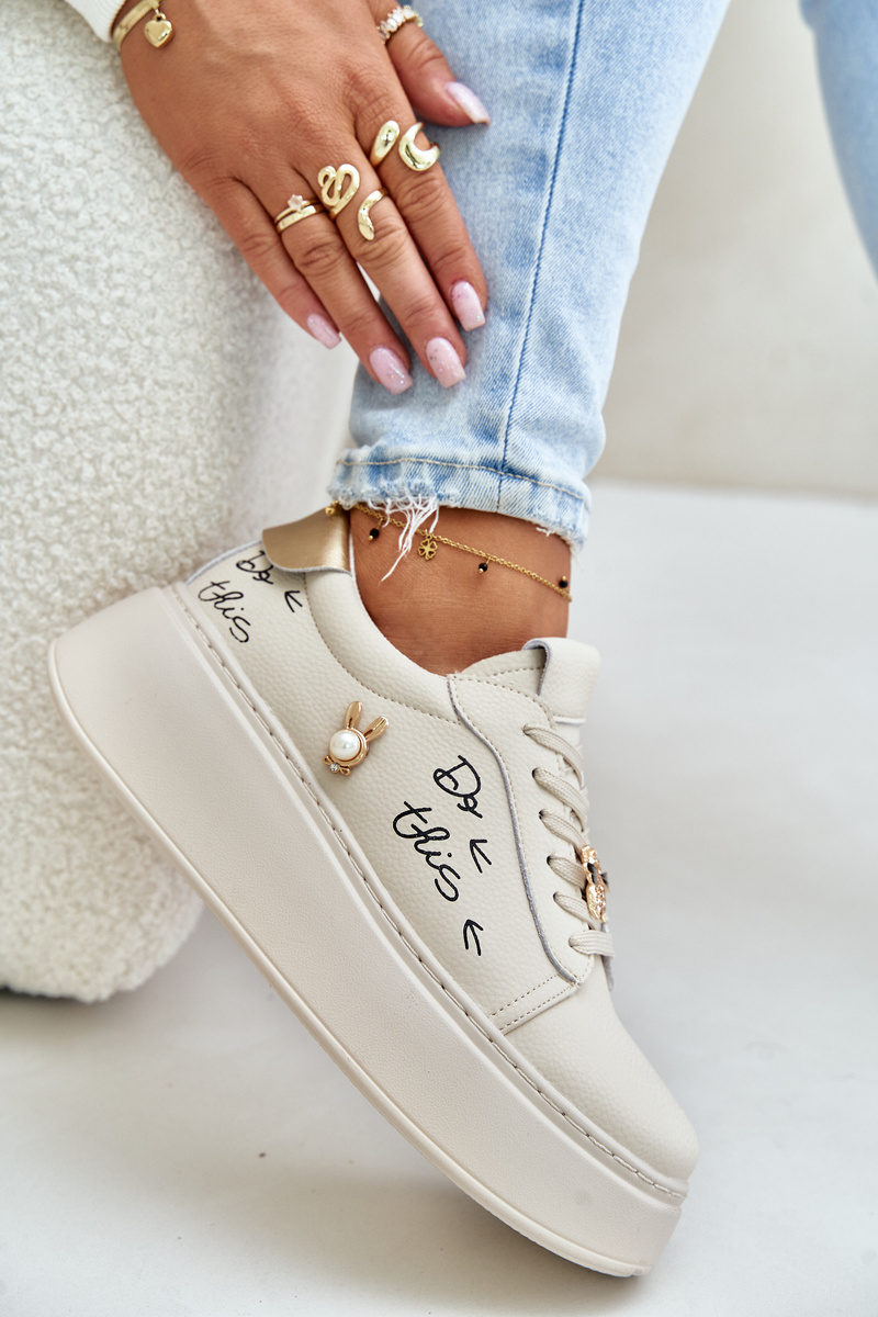 Women's Leather Platform Sneakers With Badges And Vinceza Beige Inscription