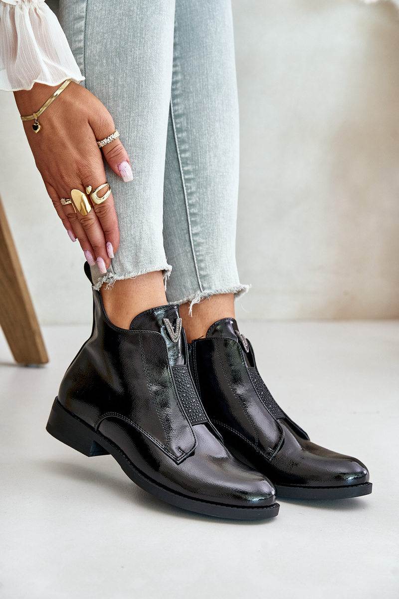 Patent leather women's ankle boots with a flat heel insulated black S.Barski black