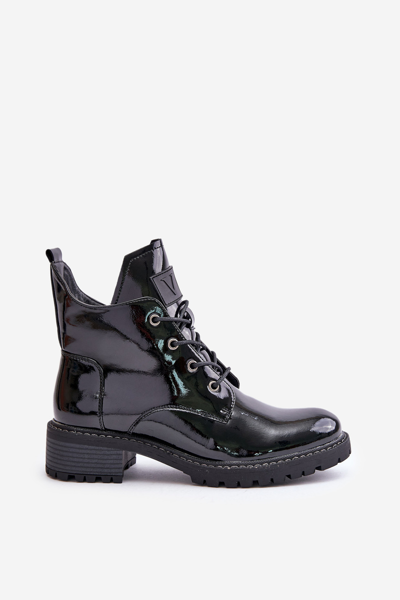 Insulated women's ankle boots on a low heel lacquered Vinceza black